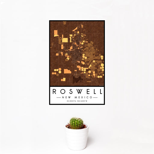 12x18 Roswell New Mexico Map Print Portrait Orientation in Ember Style With Small Cactus Plant in White Planter