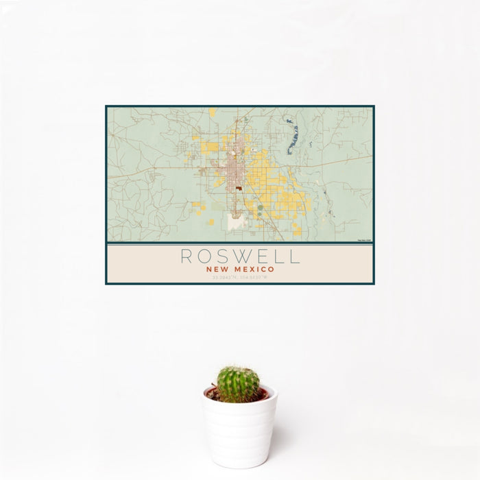 12x18 Roswell New Mexico Map Print Landscape Orientation in Woodblock Style With Small Cactus Plant in White Planter