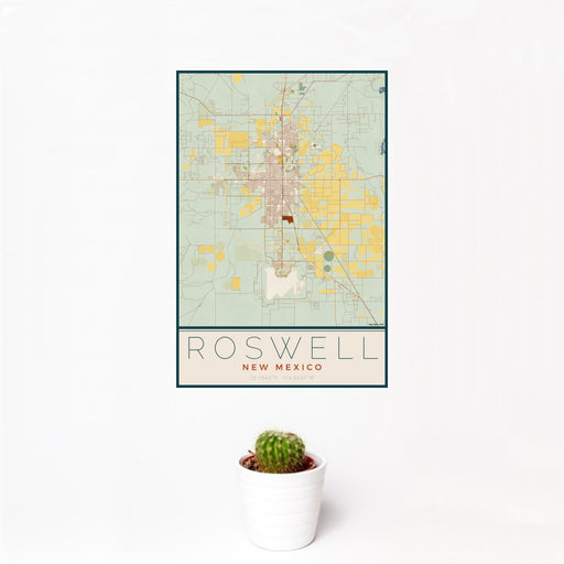 12x18 Roswell New Mexico Map Print Portrait Orientation in Woodblock Style With Small Cactus Plant in White Planter