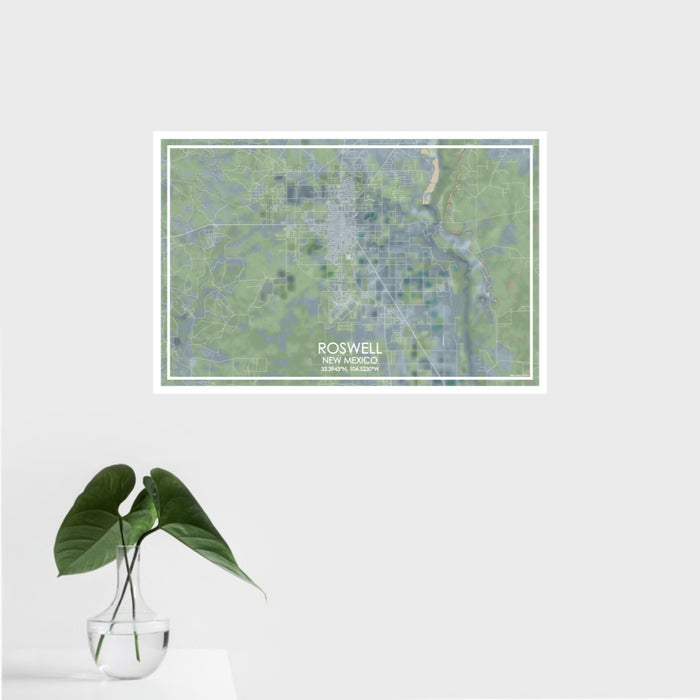 16x24 Roswell New Mexico Map Print Landscape Orientation in Afternoon Style With Tropical Plant Leaves in Water