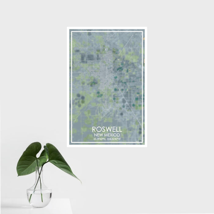16x24 Roswell New Mexico Map Print Portrait Orientation in Afternoon Style With Tropical Plant Leaves in Water