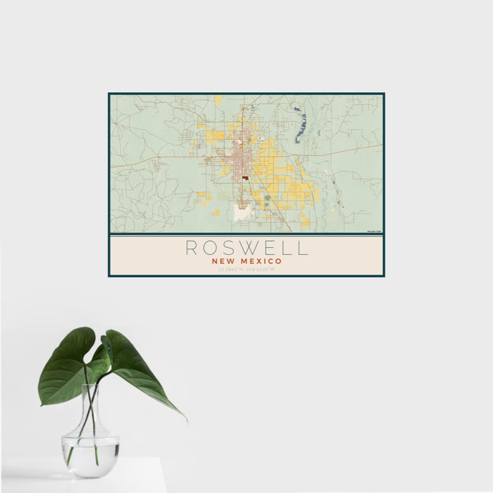 16x24 Roswell New Mexico Map Print Landscape Orientation in Woodblock Style With Tropical Plant Leaves in Water