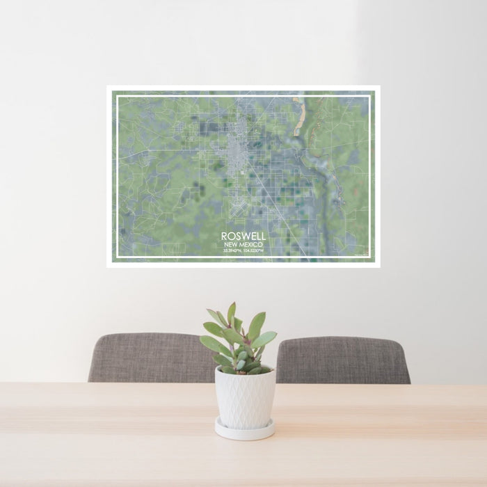 24x36 Roswell New Mexico Map Print Lanscape Orientation in Afternoon Style Behind 2 Chairs Table and Potted Plant