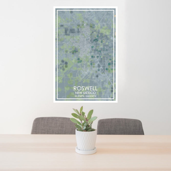 24x36 Roswell New Mexico Map Print Portrait Orientation in Afternoon Style Behind 2 Chairs Table and Potted Plant