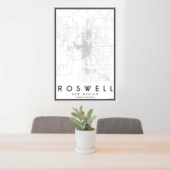 24x36 Roswell New Mexico Map Print Portrait Orientation in Classic Style Behind 2 Chairs Table and Potted Plant