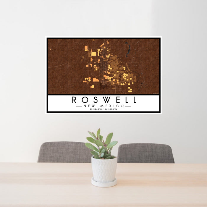 24x36 Roswell New Mexico Map Print Lanscape Orientation in Ember Style Behind 2 Chairs Table and Potted Plant