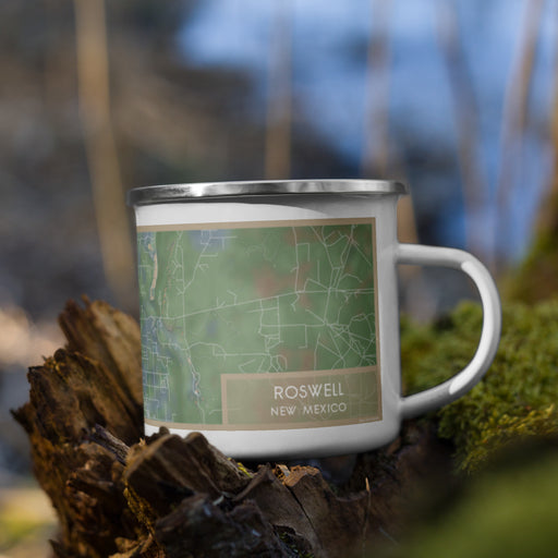 Right View Custom Roswell New Mexico Map Enamel Mug in Afternoon on Grass With Trees in Background