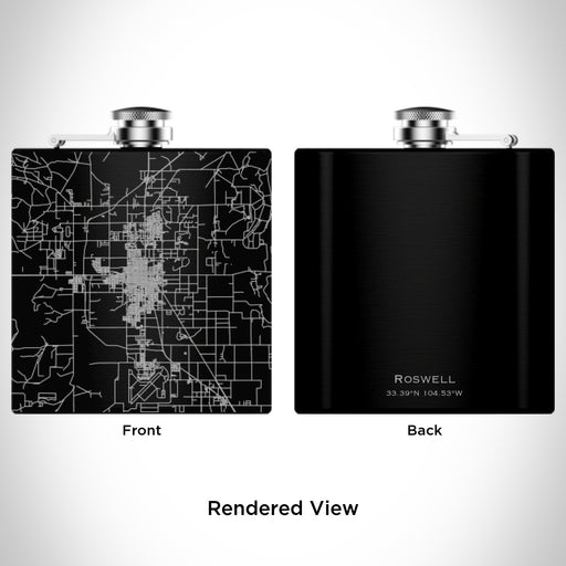 Rendered View of Roswell New Mexico Map Engraving on 6oz Stainless Steel Flask in Black