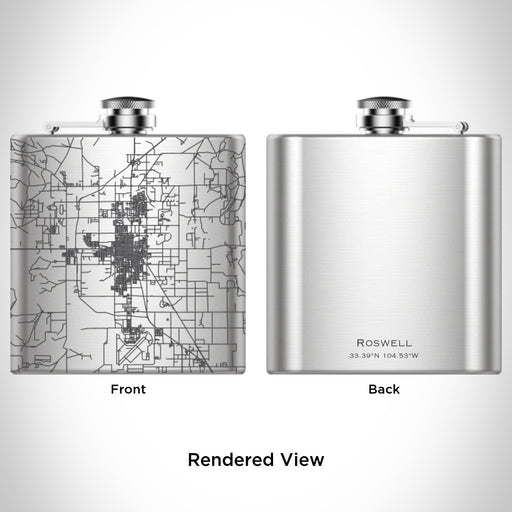 Rendered View of Roswell New Mexico Map Engraving on 6oz Stainless Steel Flask