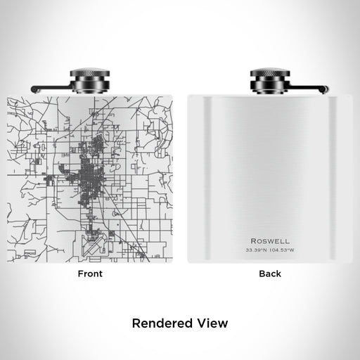 Rendered View of Roswell New Mexico Map Engraving on 6oz Stainless Steel Flask in White