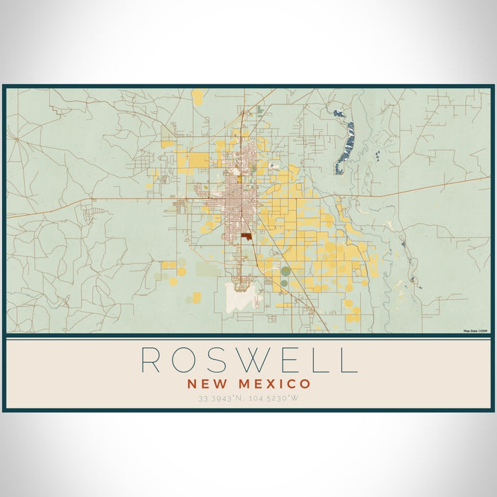 Roswell New Mexico Map Print Landscape Orientation in Woodblock Style With Shaded Background