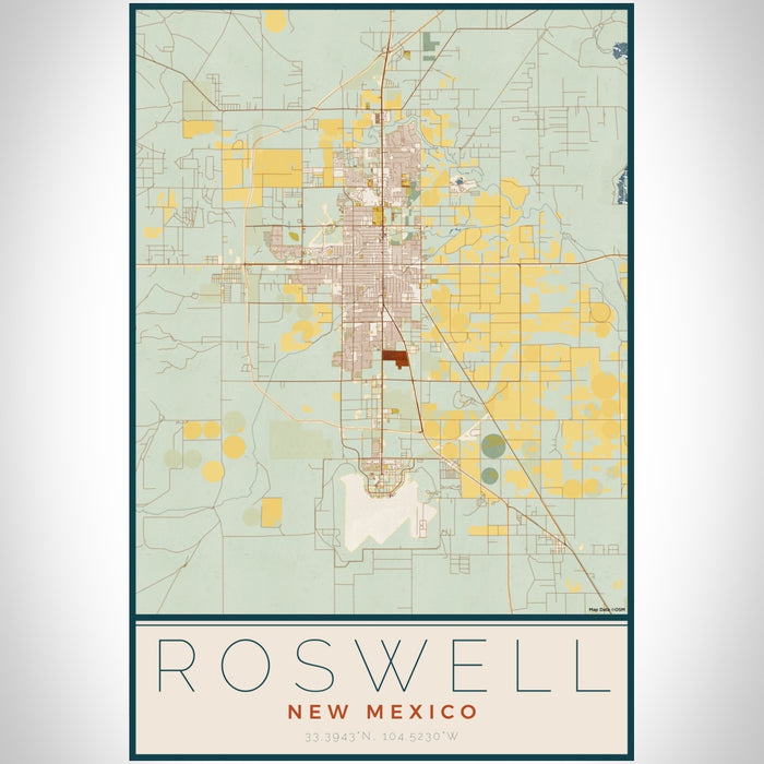 Roswell New Mexico Map Print Portrait Orientation in Woodblock Style With Shaded Background
