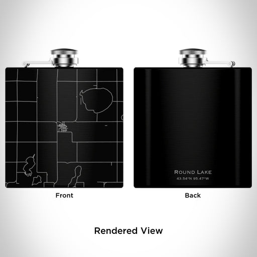Rendered View of Round Lake Minnesota Map Engraving on 6oz Stainless Steel Flask in Black