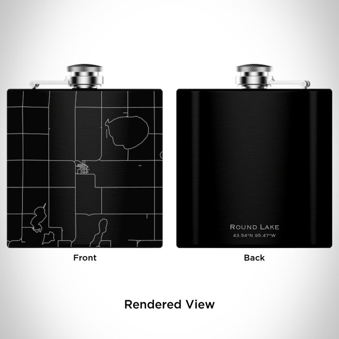 Rendered View of Round Lake Minnesota Map Engraving on 6oz Stainless Steel Flask in Black