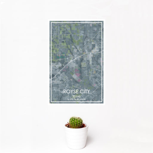 12x18 Royse City Texas Map Print Portrait Orientation in Afternoon Style With Small Cactus Plant in White Planter