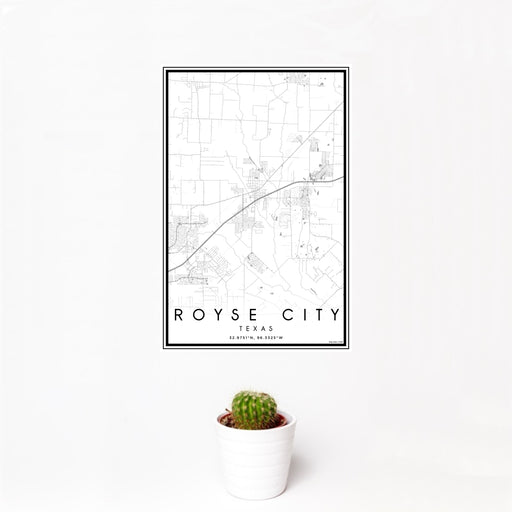 12x18 Royse City Texas Map Print Portrait Orientation in Classic Style With Small Cactus Plant in White Planter