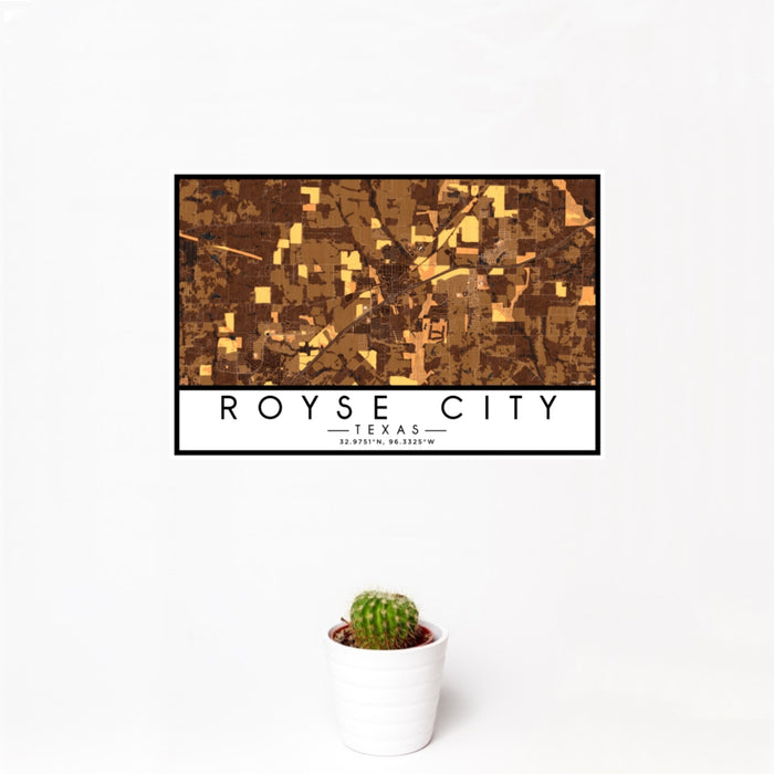 12x18 Royse City Texas Map Print Landscape Orientation in Ember Style With Small Cactus Plant in White Planter