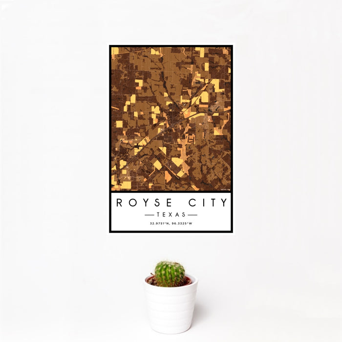 12x18 Royse City Texas Map Print Portrait Orientation in Ember Style With Small Cactus Plant in White Planter