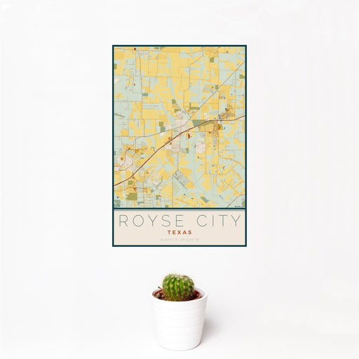 12x18 Royse City Texas Map Print Portrait Orientation in Woodblock Style With Small Cactus Plant in White Planter