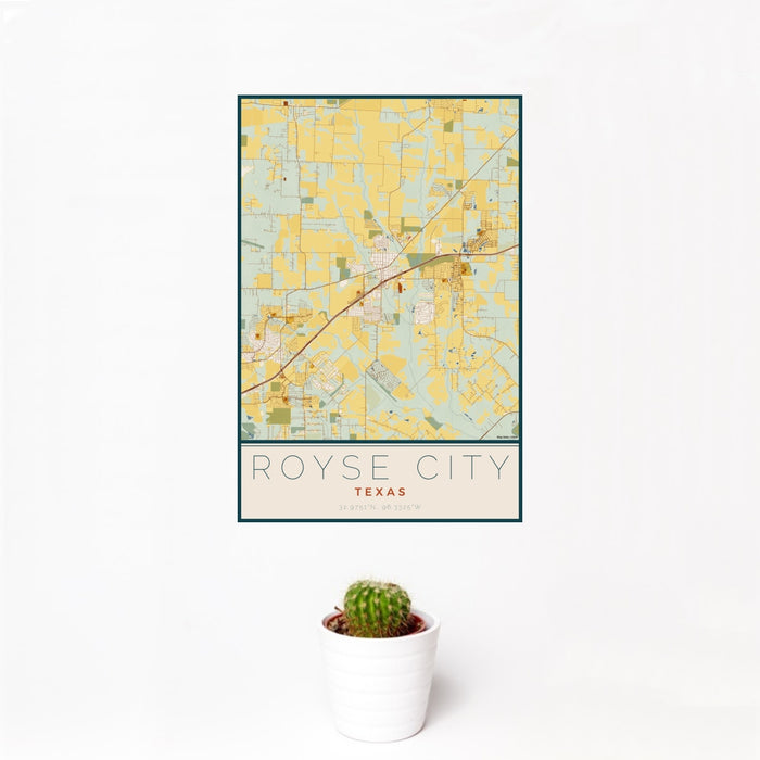 12x18 Royse City Texas Map Print Portrait Orientation in Woodblock Style With Small Cactus Plant in White Planter