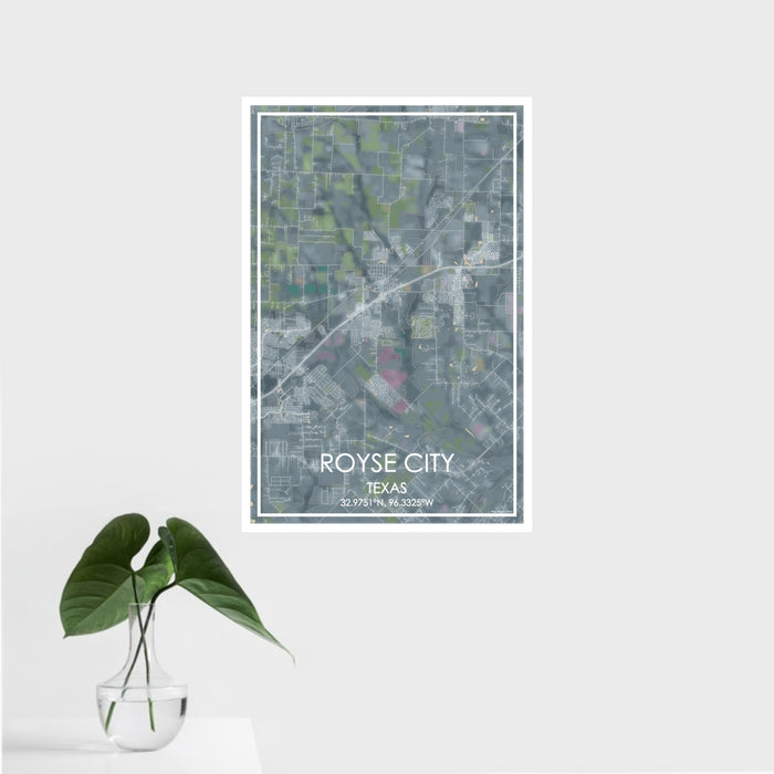 16x24 Royse City Texas Map Print Portrait Orientation in Afternoon Style With Tropical Plant Leaves in Water