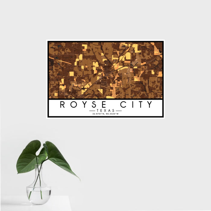 16x24 Royse City Texas Map Print Landscape Orientation in Ember Style With Tropical Plant Leaves in Water