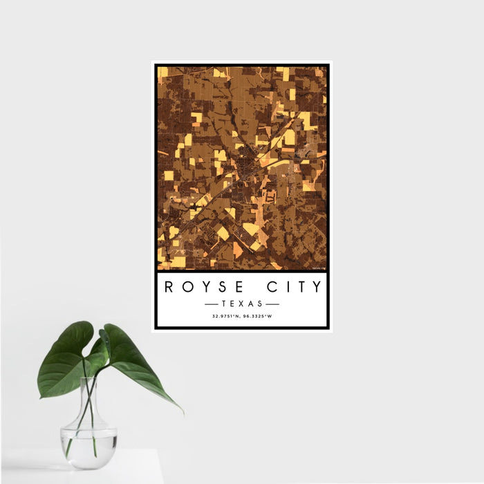 16x24 Royse City Texas Map Print Portrait Orientation in Ember Style With Tropical Plant Leaves in Water