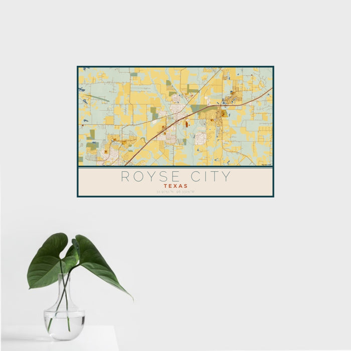 16x24 Royse City Texas Map Print Landscape Orientation in Woodblock Style With Tropical Plant Leaves in Water