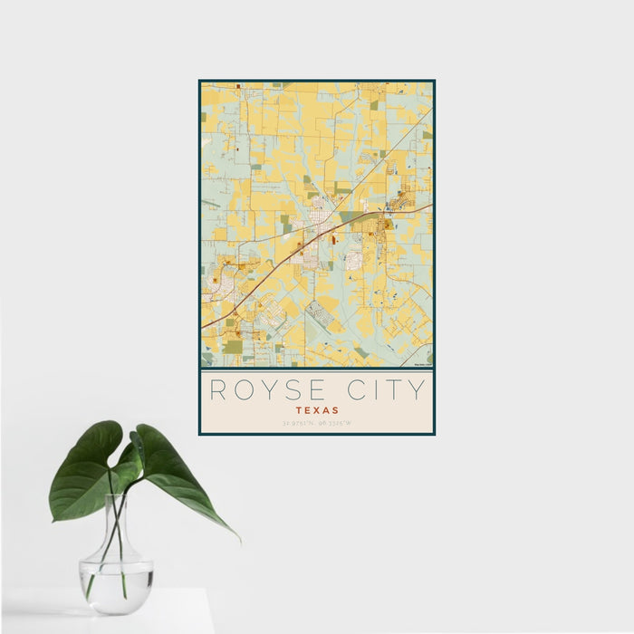 16x24 Royse City Texas Map Print Portrait Orientation in Woodblock Style With Tropical Plant Leaves in Water