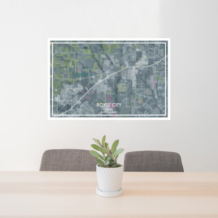 24x36 Royse City Texas Map Print Lanscape Orientation in Afternoon Style Behind 2 Chairs Table and Potted Plant