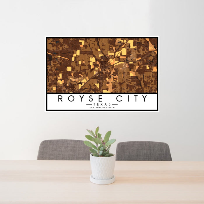24x36 Royse City Texas Map Print Lanscape Orientation in Ember Style Behind 2 Chairs Table and Potted Plant
