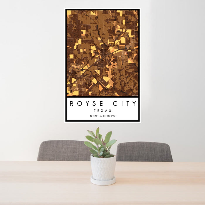 24x36 Royse City Texas Map Print Portrait Orientation in Ember Style Behind 2 Chairs Table and Potted Plant