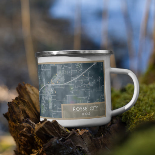 Right View Custom Royse City Texas Map Enamel Mug in Afternoon on Grass With Trees in Background