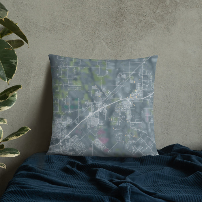 Custom Royse City Texas Map Throw Pillow in Afternoon on Bedding Against Wall