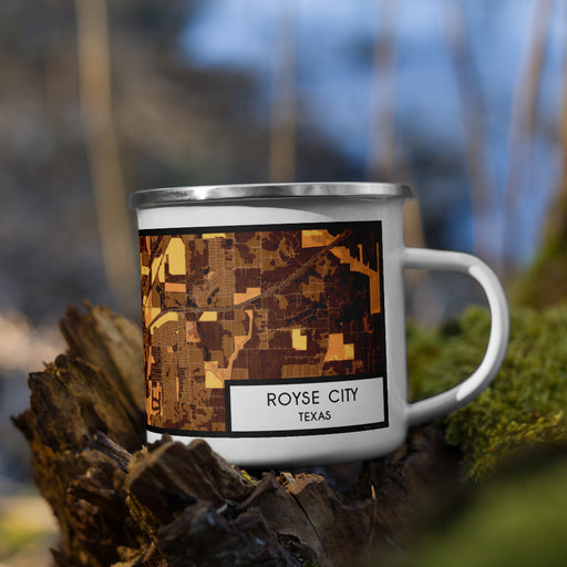 Right View Custom Royse City Texas Map Enamel Mug in Ember on Grass With Trees in Background