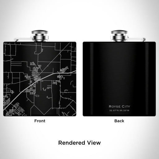 Rendered View of Royse City Texas Map Engraving on 6oz Stainless Steel Flask in Black