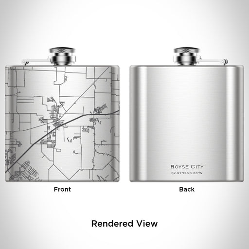 Rendered View of Royse City Texas Map Engraving on 6oz Stainless Steel Flask