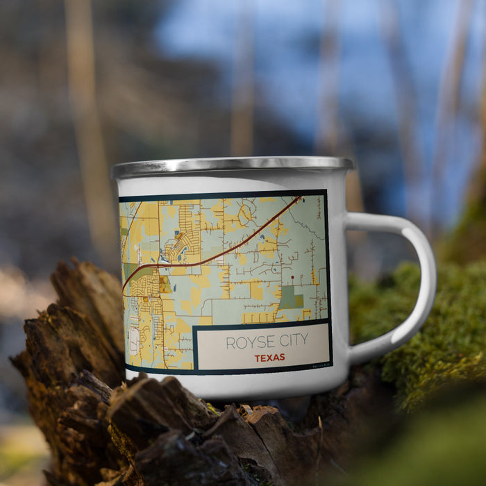 Right View Custom Royse City Texas Map Enamel Mug in Woodblock on Grass With Trees in Background