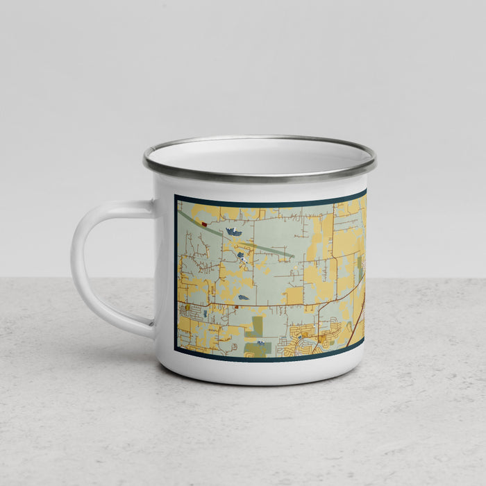 Left View Custom Royse City Texas Map Enamel Mug in Woodblock