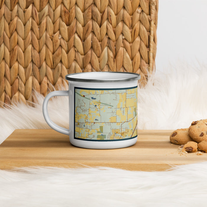 Left View Custom Royse City Texas Map Enamel Mug in Woodblock on Table Top