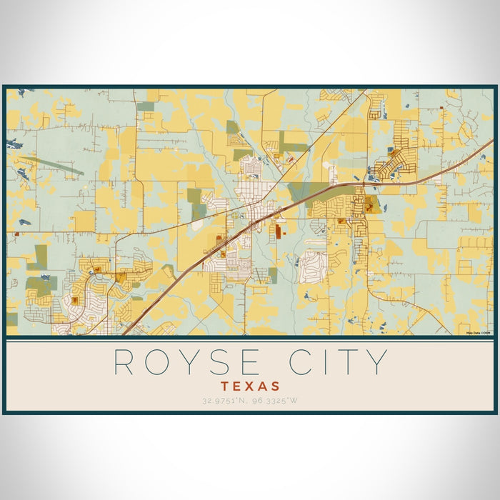 Royse City Texas Map Print Landscape Orientation in Woodblock Style With Shaded Background