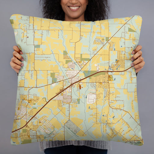 Person holding 22x22 Custom Royse City Texas Map Throw Pillow in Woodblock