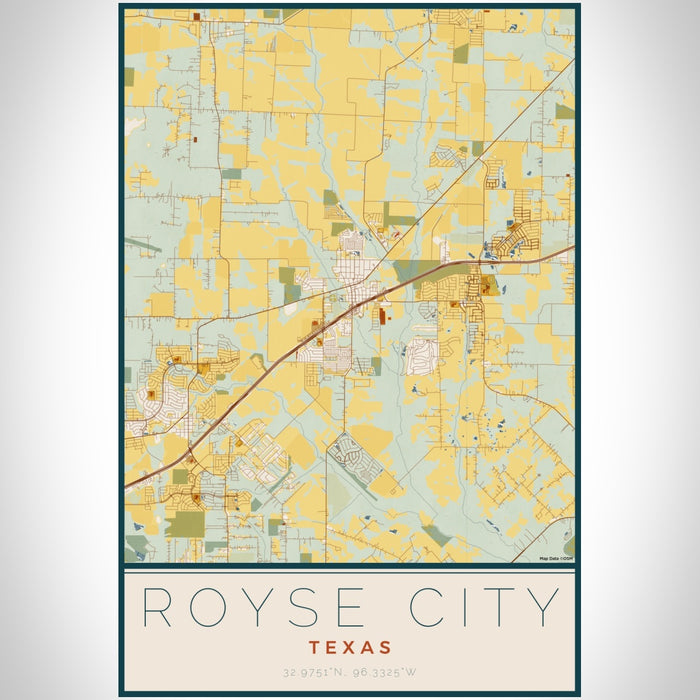 Royse City Texas Map Print Portrait Orientation in Woodblock Style With Shaded Background