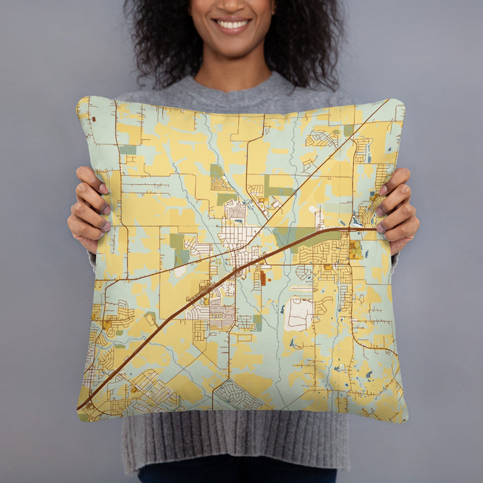 Person holding 18x18 Custom Royse City Texas Map Throw Pillow in Woodblock