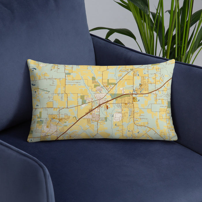 Custom Royse City Texas Map Throw Pillow in Woodblock on Blue Colored Chair
