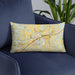 Custom Royse City Texas Map Throw Pillow in Woodblock on Blue Colored Chair