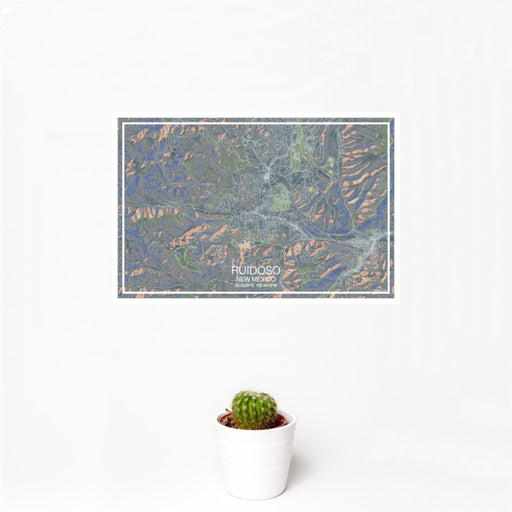 12x18 Ruidoso New Mexico Map Print Landscape Orientation in Afternoon Style With Small Cactus Plant in White Planter