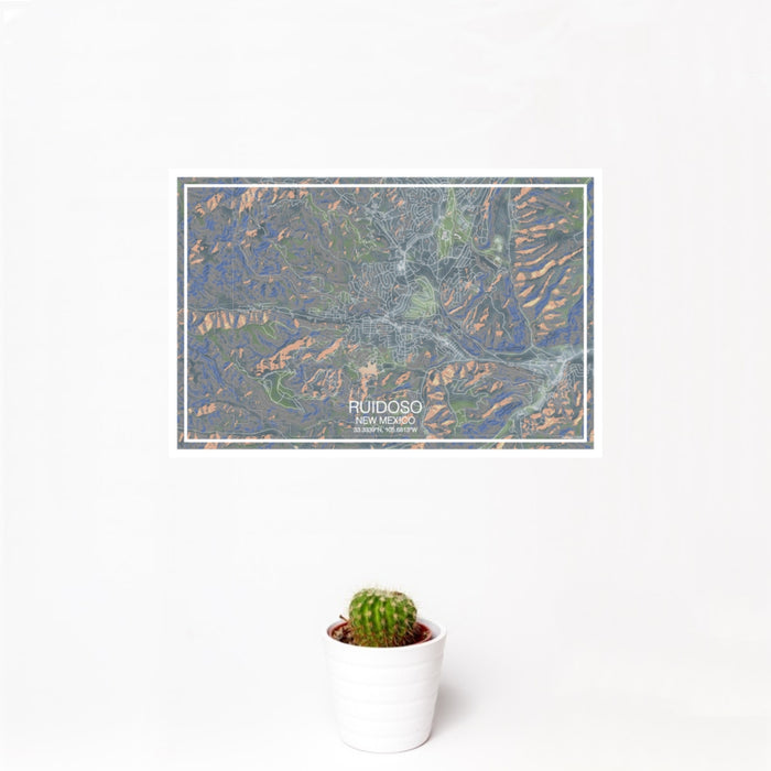 12x18 Ruidoso New Mexico Map Print Landscape Orientation in Afternoon Style With Small Cactus Plant in White Planter