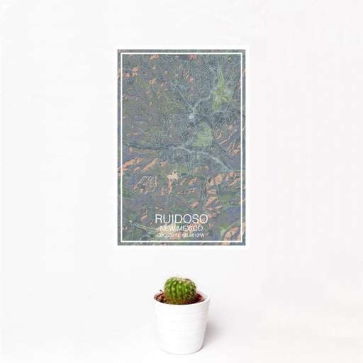 12x18 Ruidoso New Mexico Map Print Portrait Orientation in Afternoon Style With Small Cactus Plant in White Planter
