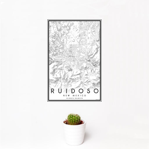 12x18 Ruidoso New Mexico Map Print Portrait Orientation in Classic Style With Small Cactus Plant in White Planter